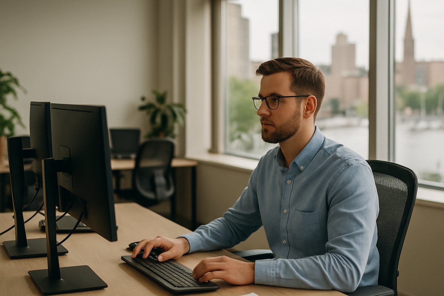 Man in blue shirt working at computer in office